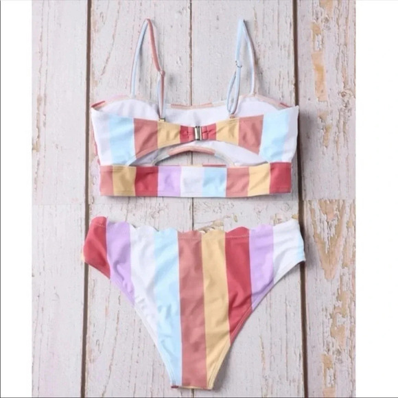 Color Block High Waist Scallop Bikini Set | Striped Two Piece Swimsuit - Picture 3 of 3